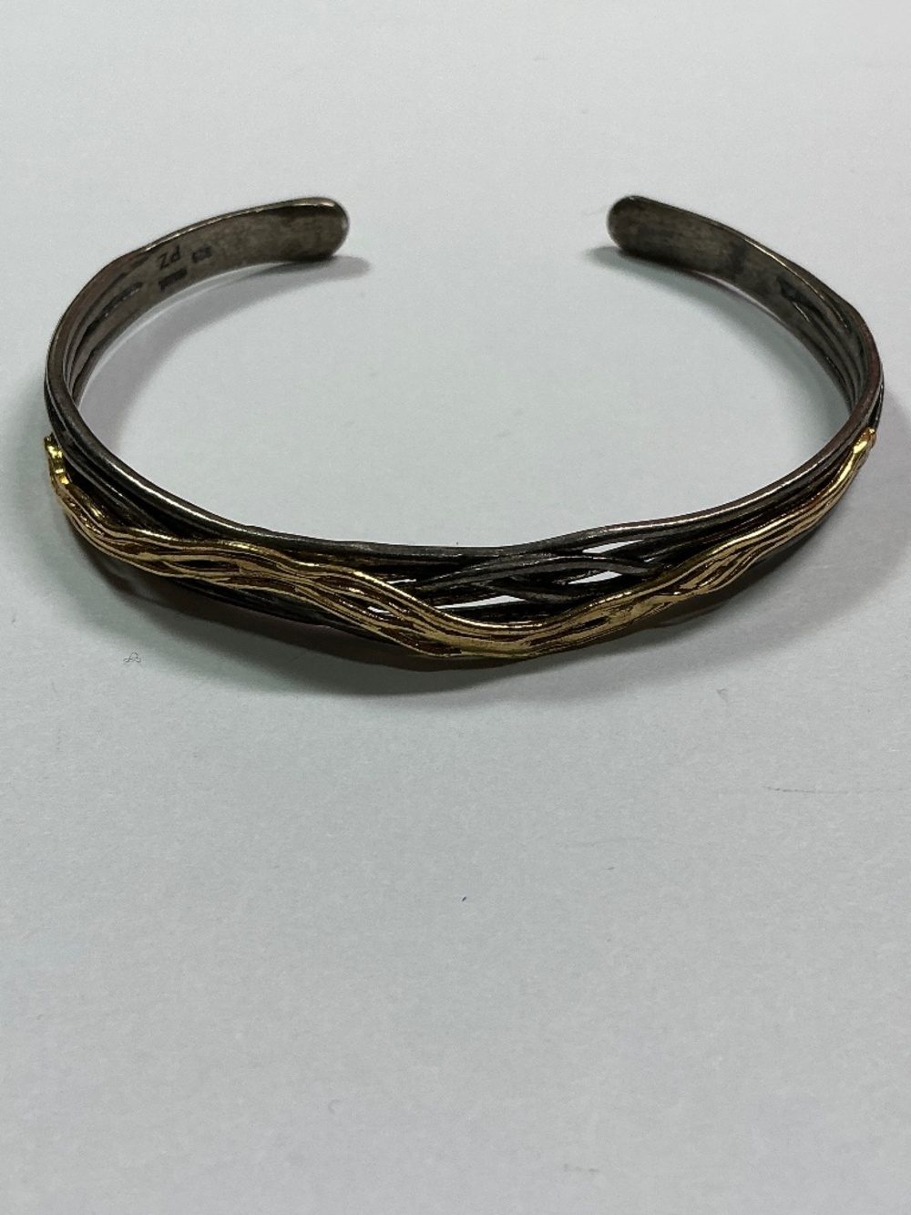Sterling Silver & Gold Vermeil Israel P Z Open Cuff Bracelet. 2 and 3/8” across